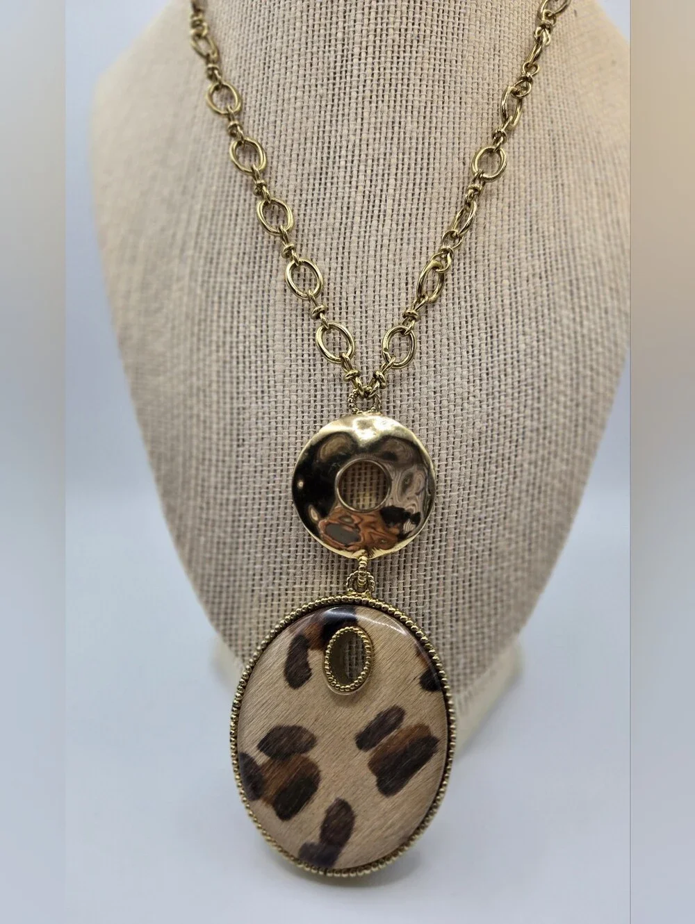Chico's Goldtone Chain Reversible Leopard Animal Print Tiger's Eye Pendant READ*
